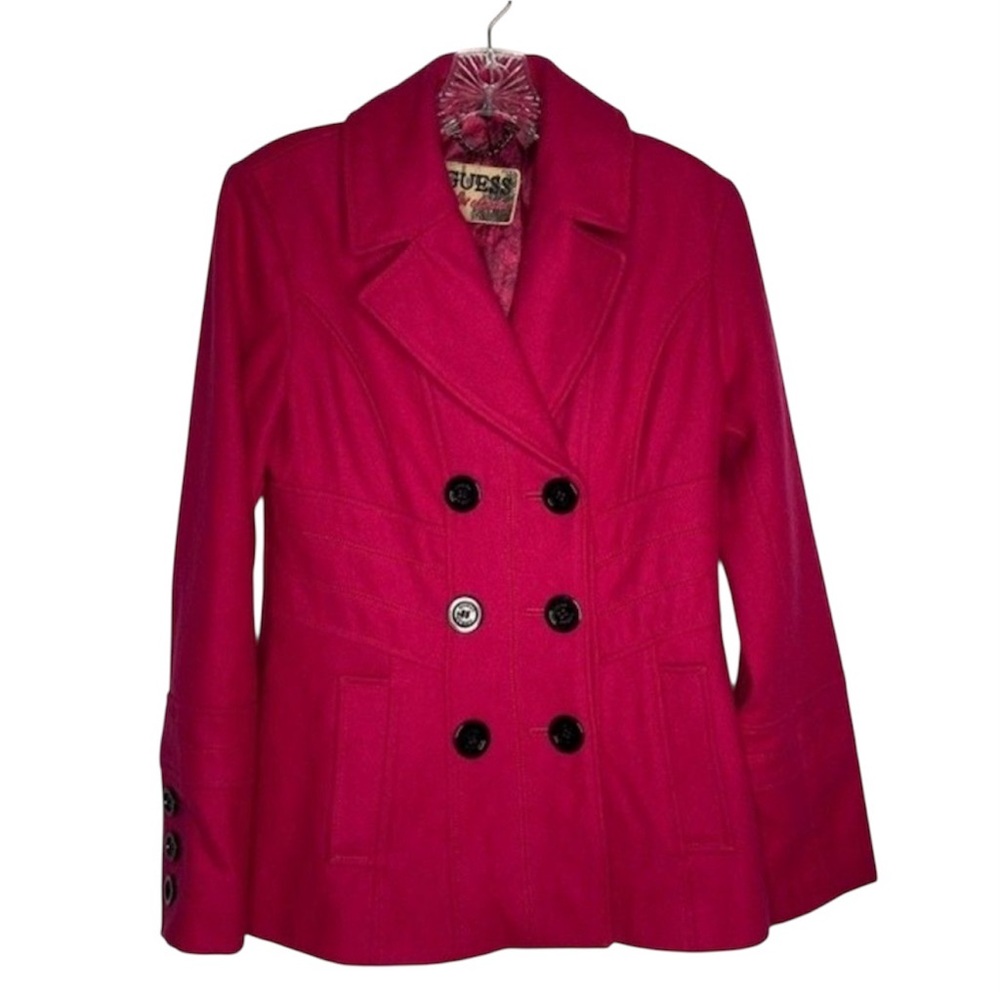 Guess Pea Coat Womens S Hot Pink Wool Blend Double Breasted Barbie Core Y2K